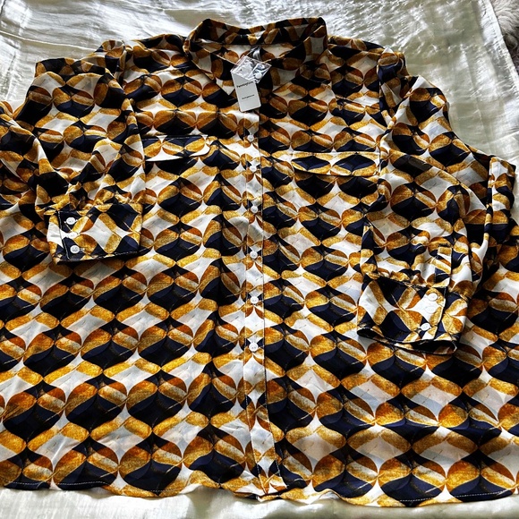 BUTTON DOWN BLOUSE, OFF WHITE (PLAID GOLD/NAVY/WHITE), SIZE 4X, POCKETS, LONG - Picture 1 of 11